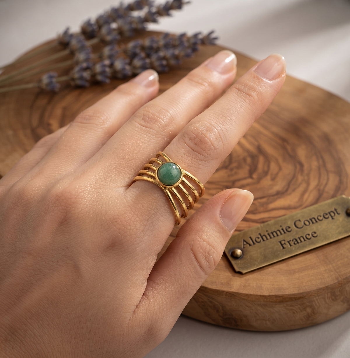 Bague Pince Dorée Aventurine Verte – Acier Inoxydable Ajustable | Pierre Naturelle