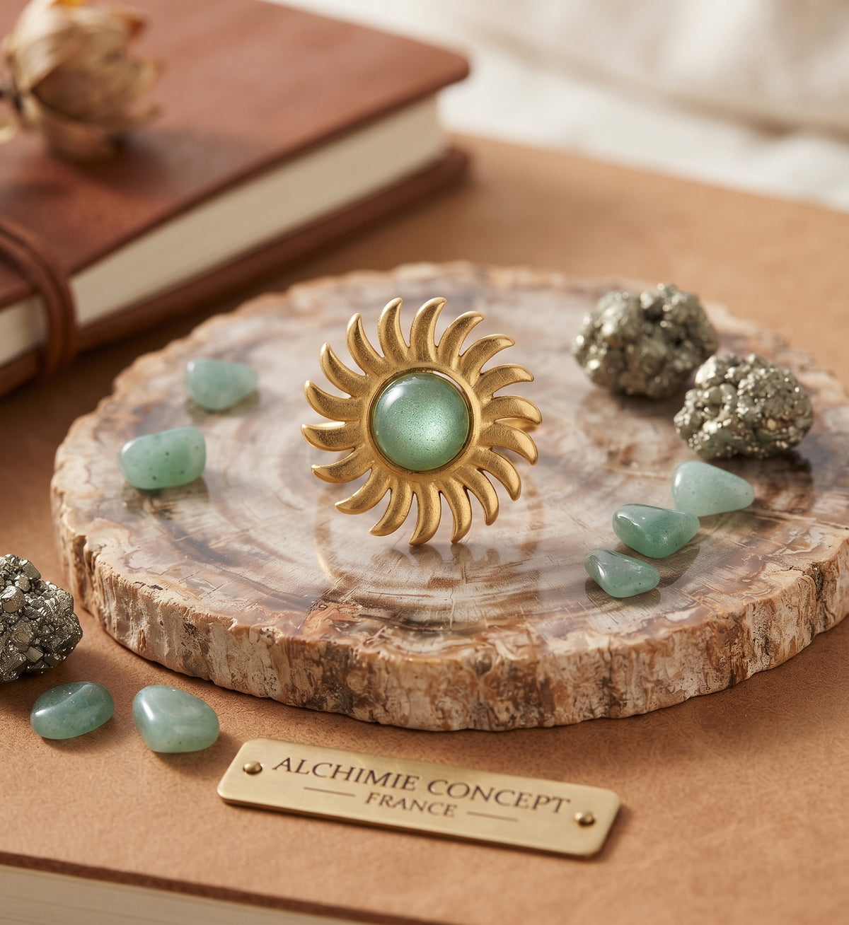 Bague Soleil Aventurine Verte – Acier Inoxydable Ajustable | Pierre Naturelle