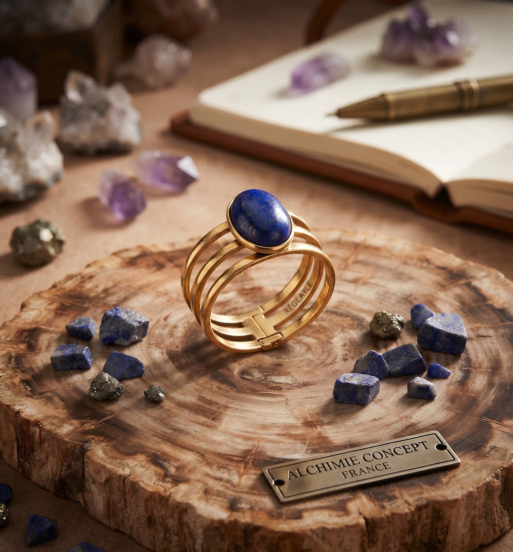 Bague Trident Lapis Lazuli – Acier Inoxydable Ajustable | Pierre Naturelle