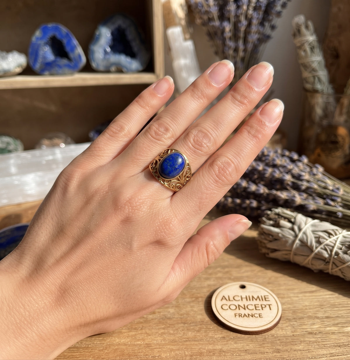 Bague Inox Pince Lapis Lazuli | Bague Ajustable Acier Inoxydable & Pierre Naturelle