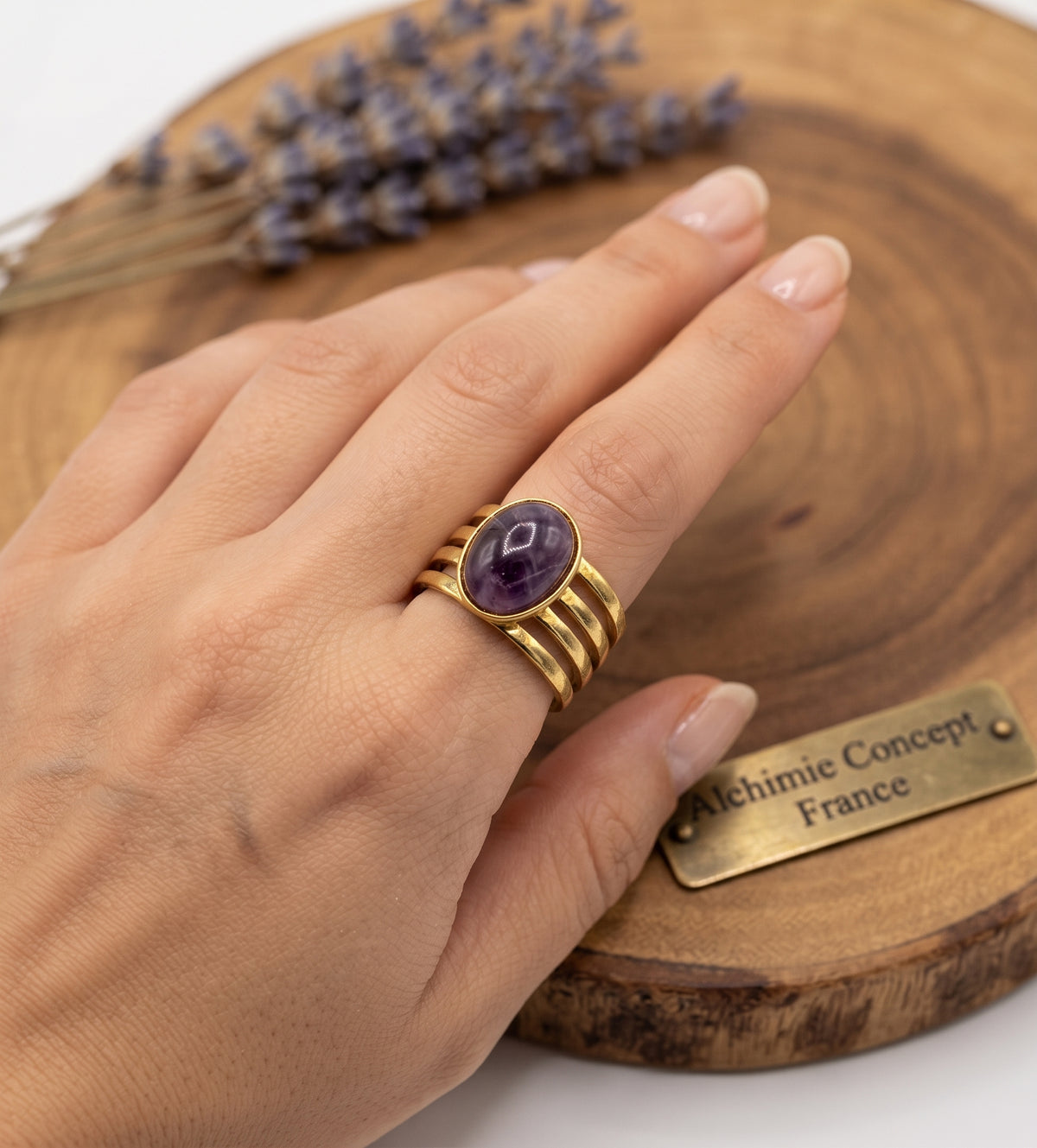 Bague Trident Améthyste – Acier Inoxydable Ajustable | Pierre Naturelle