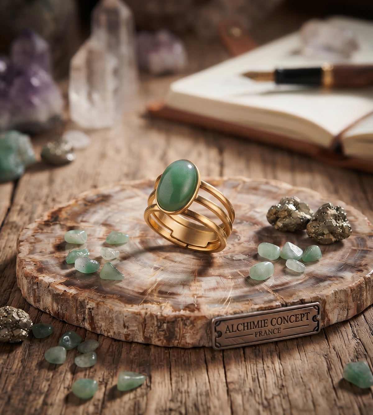 Bague Trident Aventurine Verte – Acier Inoxydable Ajustable | Pierre Naturelle