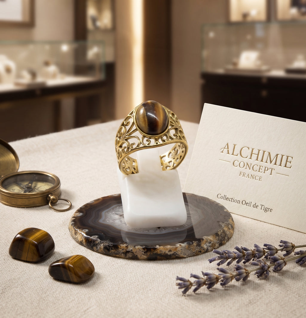 Bague Pince Œil de Tigre – Acier Inoxydable Ajustable | Pierre Naturelle