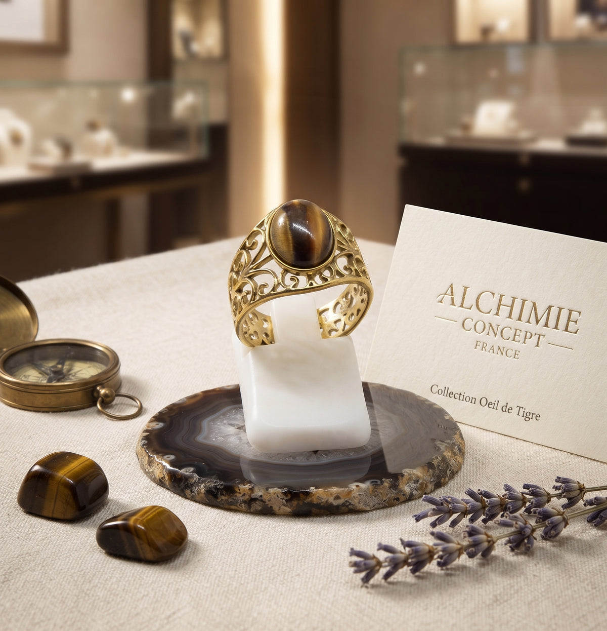 Bague Pince Œil de Tigre – Acier Inoxydable Ajustable | Pierre Naturelle