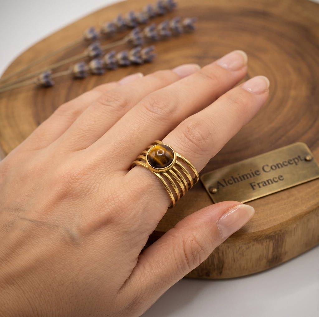 Bague Pince Dorée Œil de Tigre – Acier Inoxydable Ajustable | Pierre Naturelle
