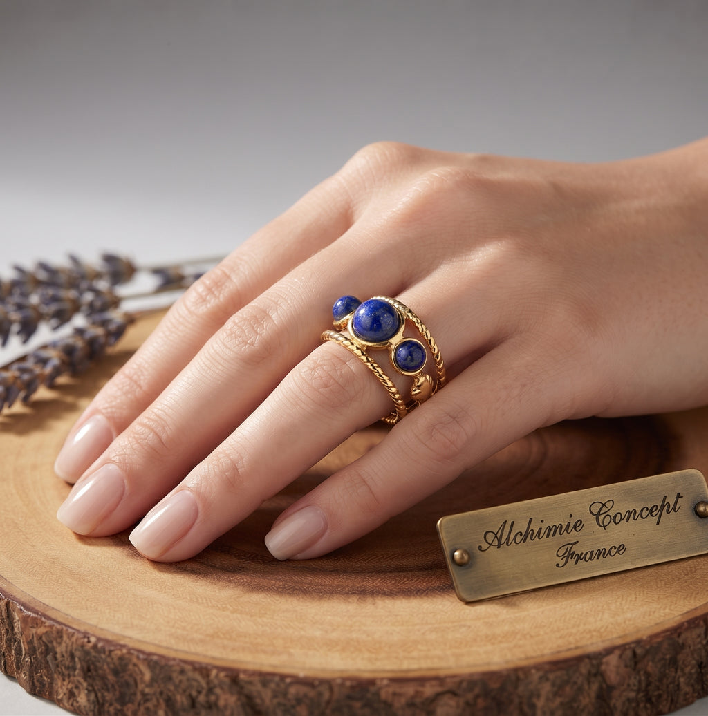 Bague Triple Lapis Lazuli – Acier Inoxydable Ajustable | Pierre Naturelle