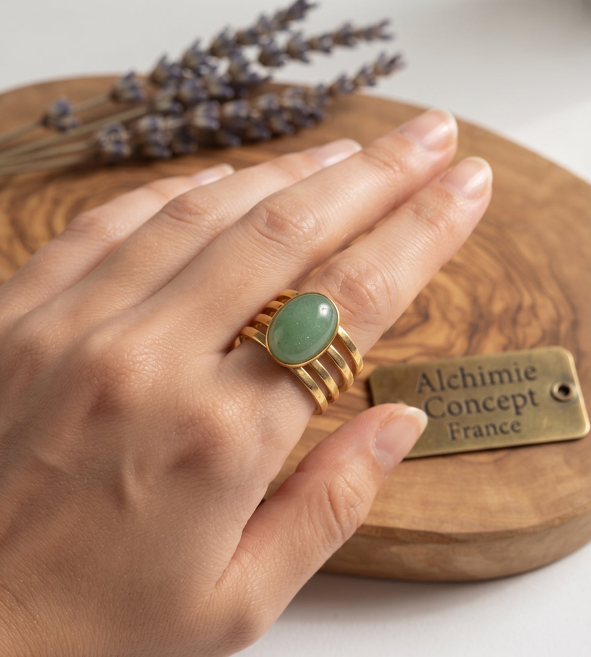 Bague Trident Aventurine Verte – Acier Inoxydable Ajustable | Pierre Naturelle