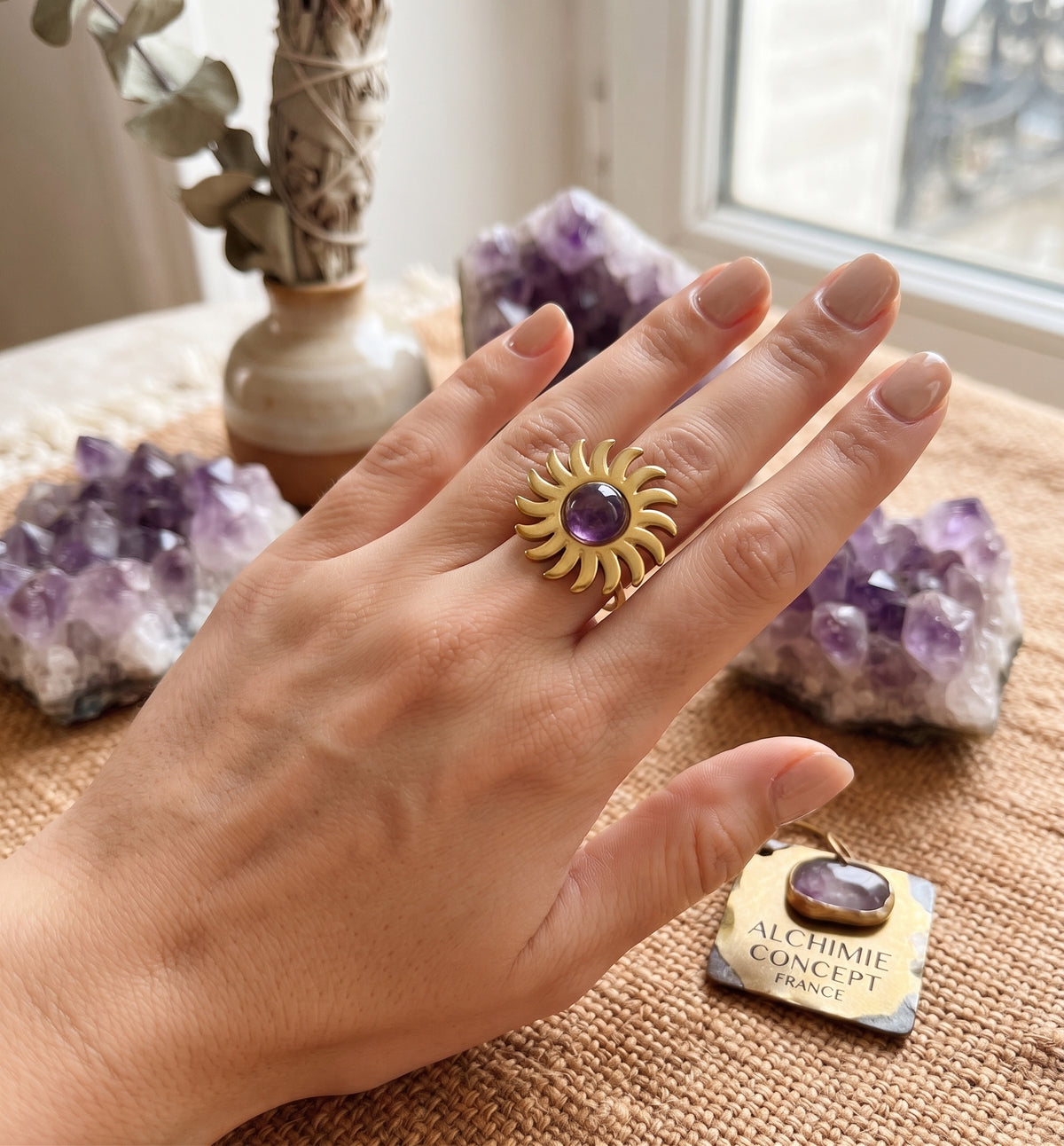 Bague Soleil Améthyste – Acier Inoxydable Ajustable | Pierre Naturelle