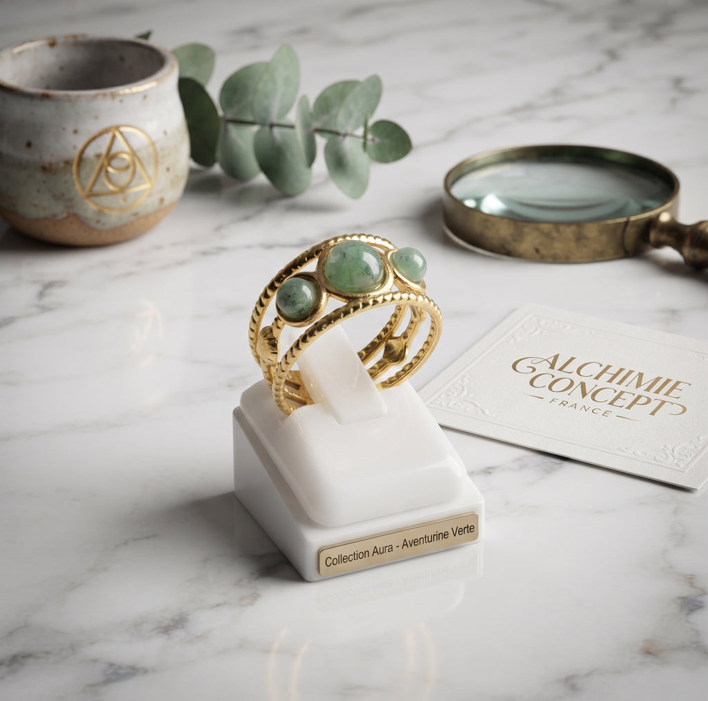 Bague Triple Aventurine Verte – Acier Inoxydable Ajustable | Pierre Naturelle