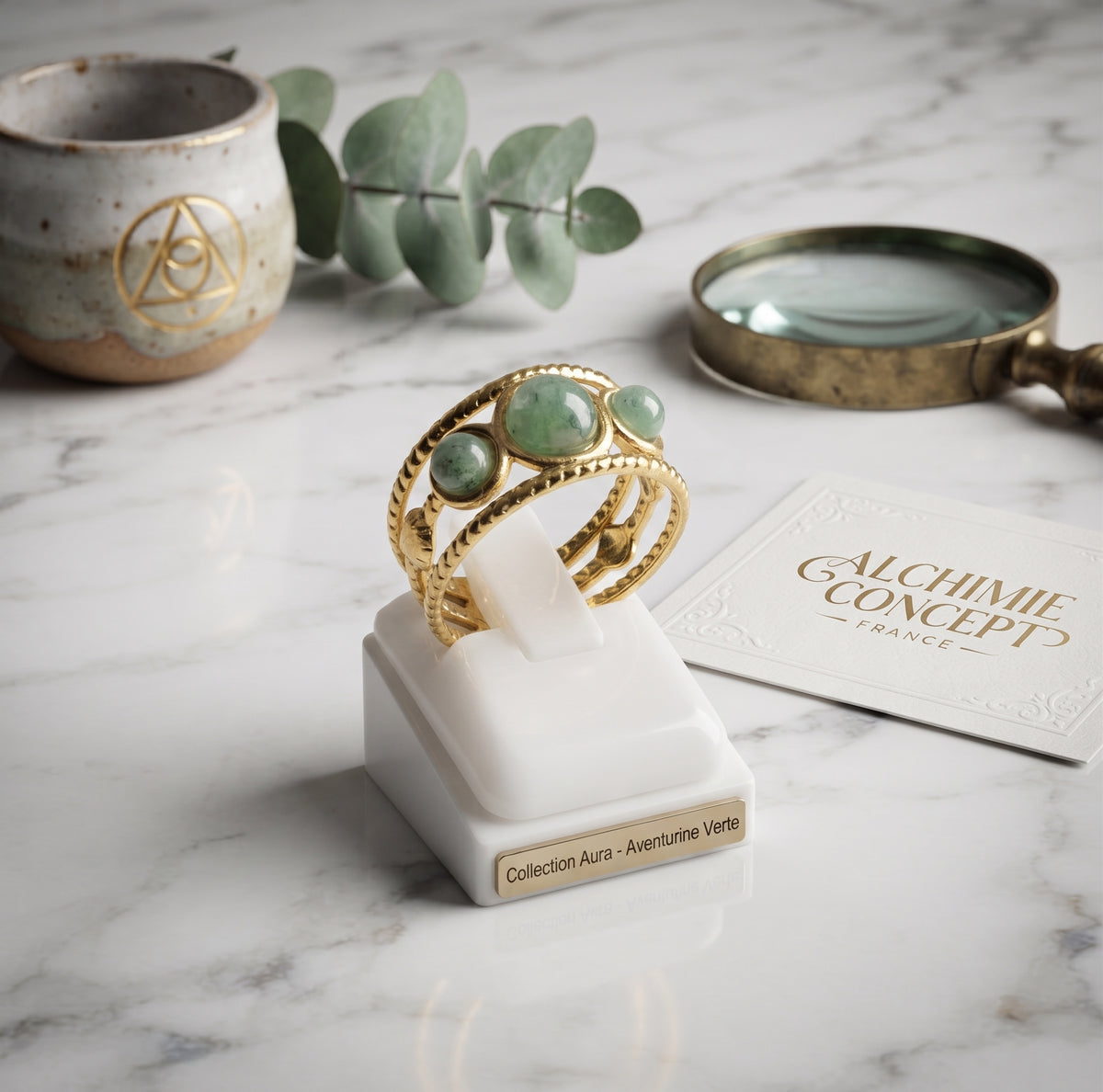 Bague Triple Aventurine Verte – Acier Inoxydable Ajustable | Pierre Naturelle