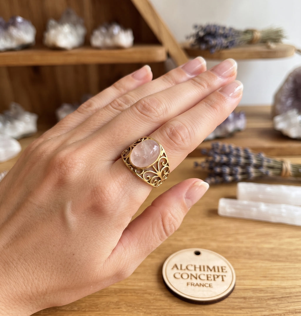 Bague Pince Quartz Rose – Acier Inoxydable Ajustable | Pierre Naturelle