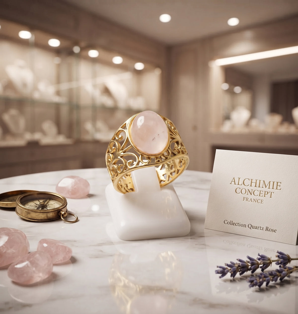 Bague Pince Quartz Rose – Acier Inoxydable Ajustable | Pierre Naturelle
