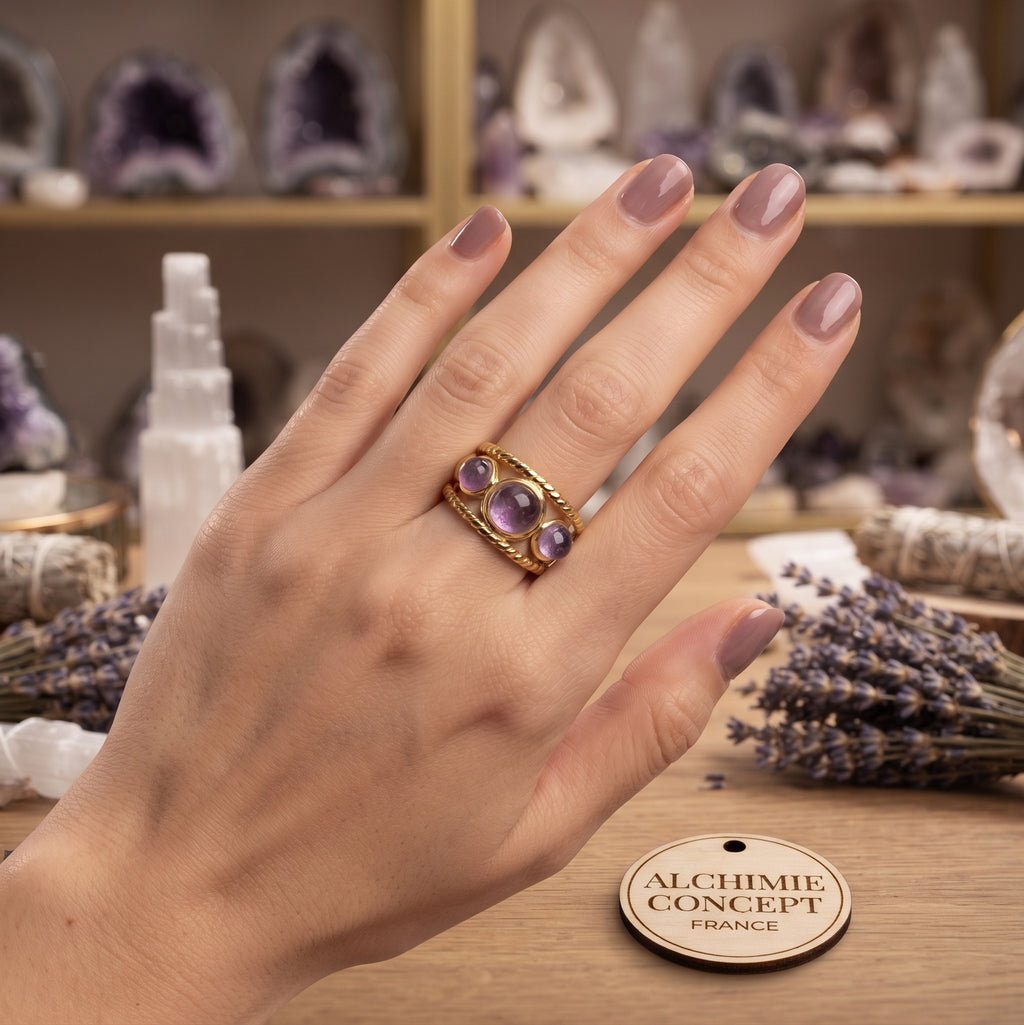 Bague Triple Améthyste – Acier Inoxydable Ajustable | Pierre Naturelle