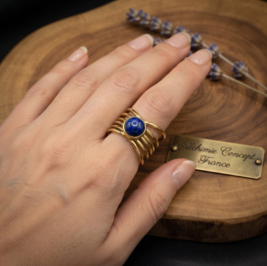 Bague Pince Dorée Lapis Lazuli – Acier Inoxydable Ajustable | Pierre Naturelle