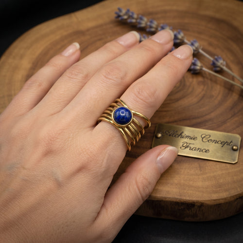 * Bague Pince Dorée Lapis Lazuli – Acier Inoxydable Ajustable | Pierre Naturelle