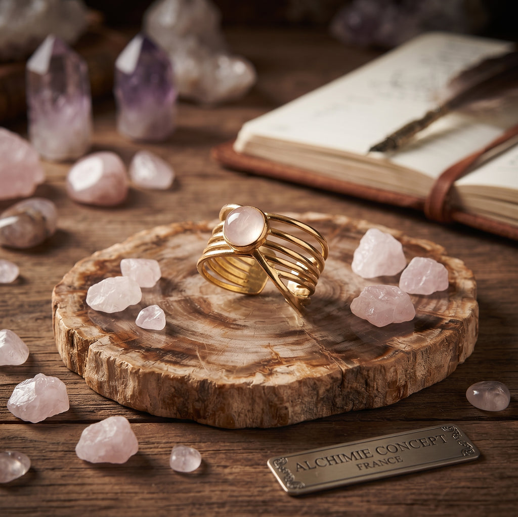 Bague Pince Dorée Quartz Rose – Acier Inoxydable Ajustable | Pierre Naturelle