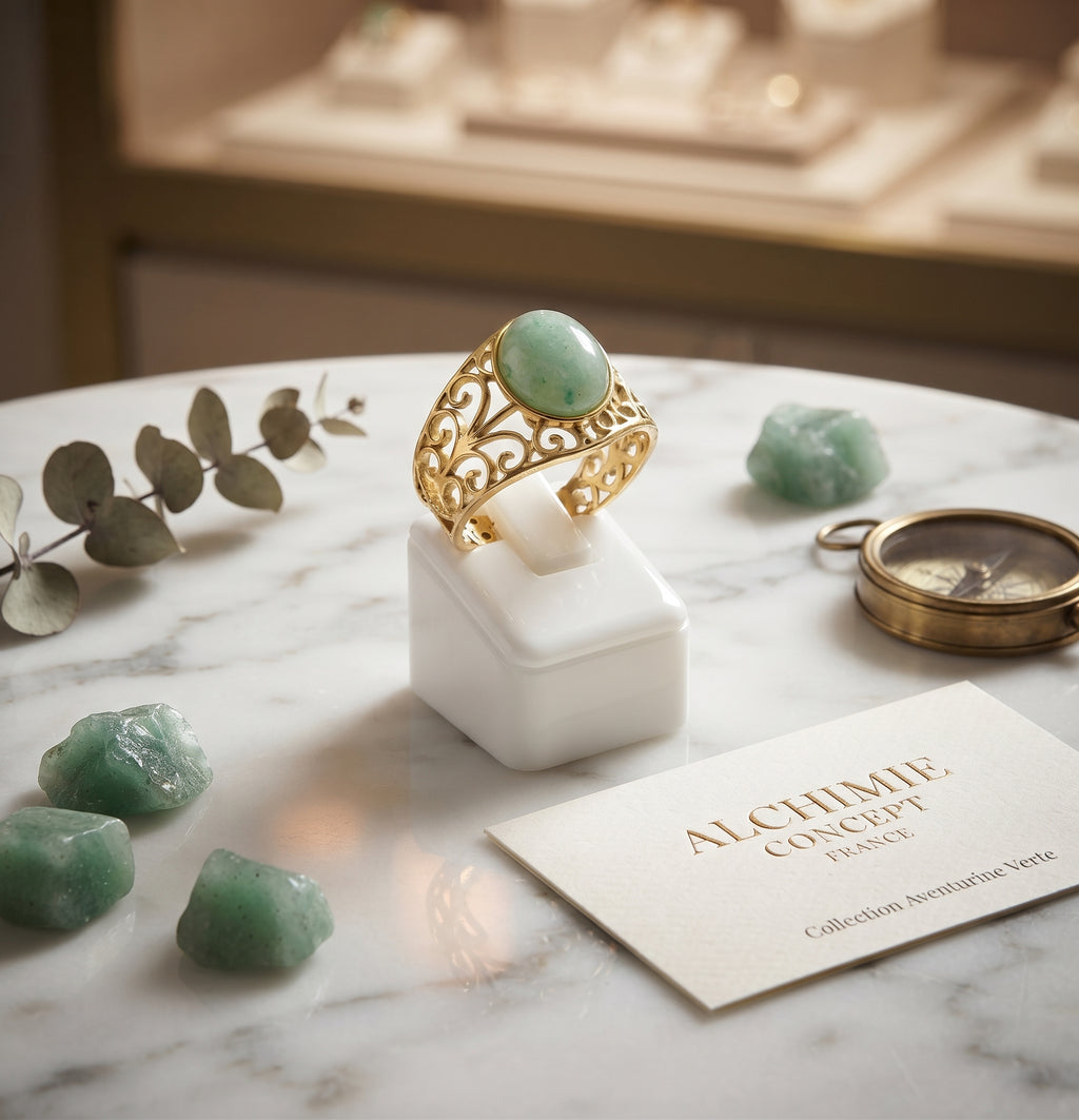 Bague Inox Pince Aventurine Verte | Bague Ajustable Acier Inoxydable & Pierre Naturelle