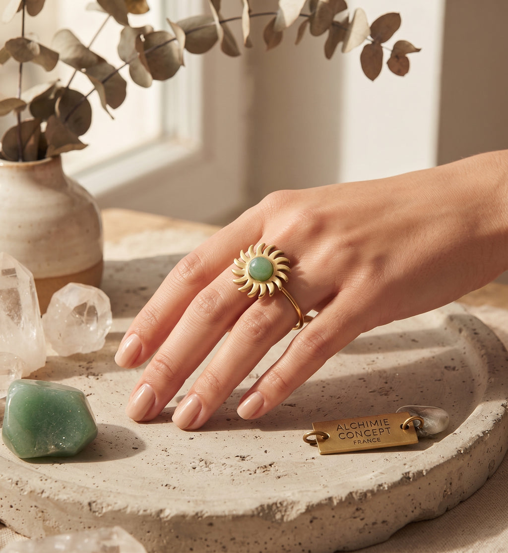 Bague Soleil Aventurine Verte – Acier Inoxydable Ajustable | Pierre Naturelle