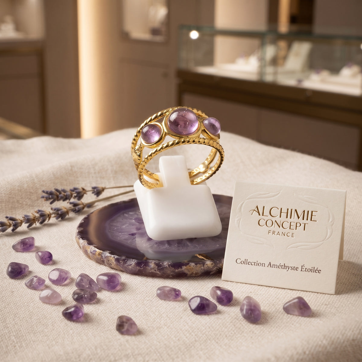 Bague Triple Améthyste – Acier Inoxydable Ajustable | Pierre Naturelle