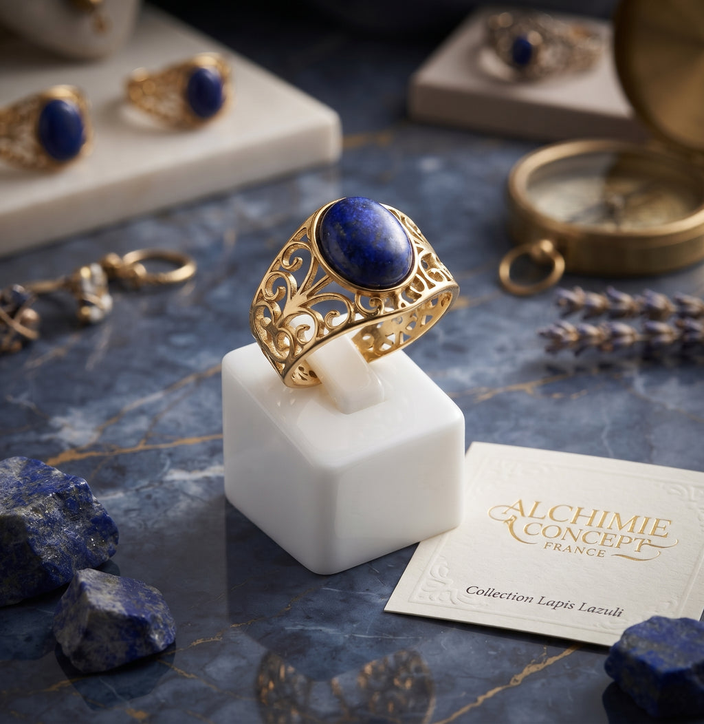 Bague Inox Pince Lapis Lazuli | Bague Ajustable Acier Inoxydable & Pierre Naturelle