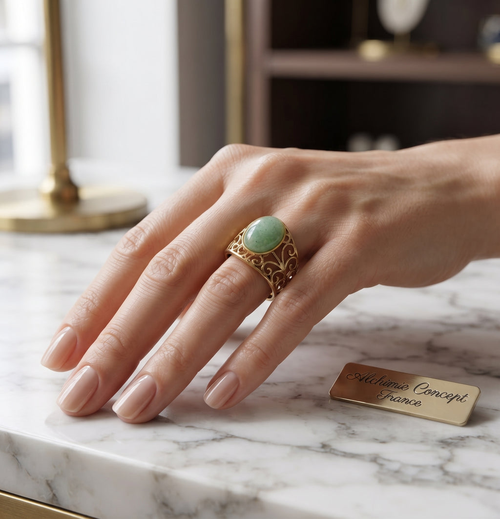 Bague Inox Pince Aventurine Verte | Bague Ajustable Acier Inoxydable & Pierre Naturelle