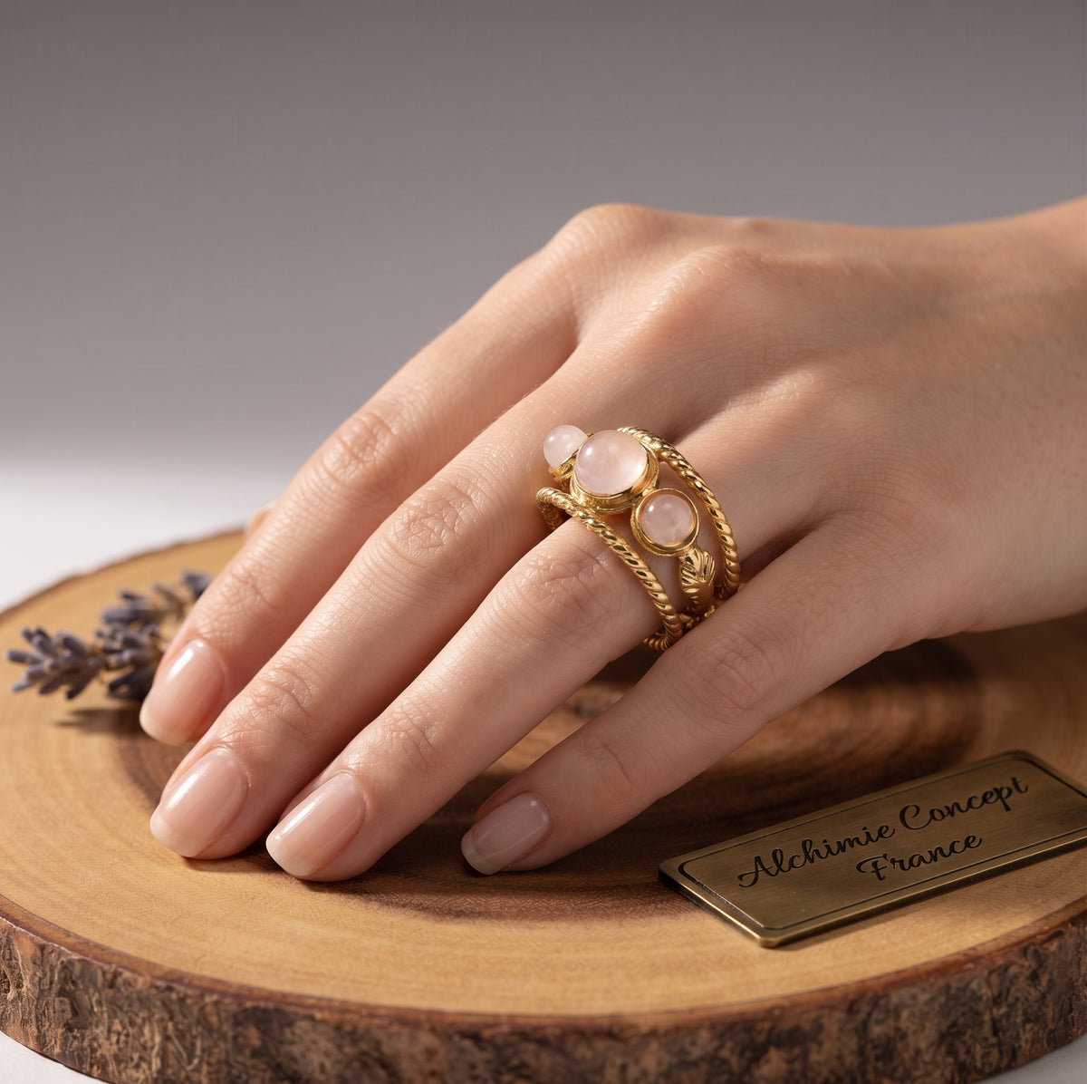 Bague Triple Quartz Rose – Acier Inoxydable Ajustable | Pierre Naturelle