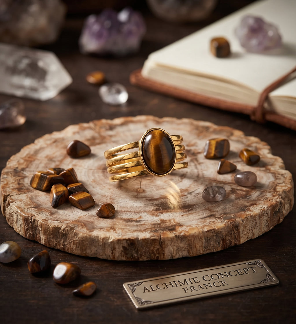 Bague Trident Œil de Tigre – Acier Inoxydable Ajustable | Pierre Naturelle