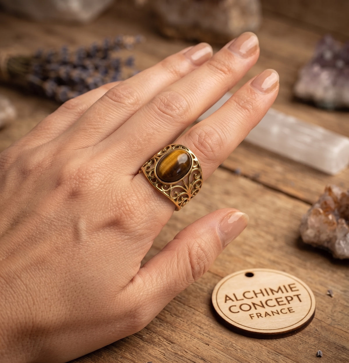 Bague Pince Œil de Tigre – Acier Inoxydable Ajustable | Pierre Naturelle
