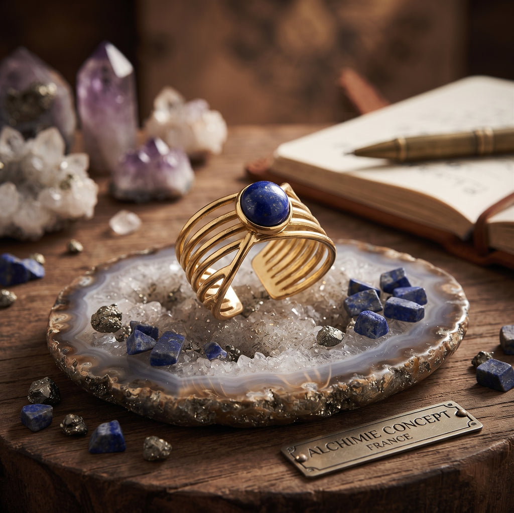 Bague Pince Dorée Lapis Lazuli – Acier Inoxydable Ajustable | Pierre Naturelle