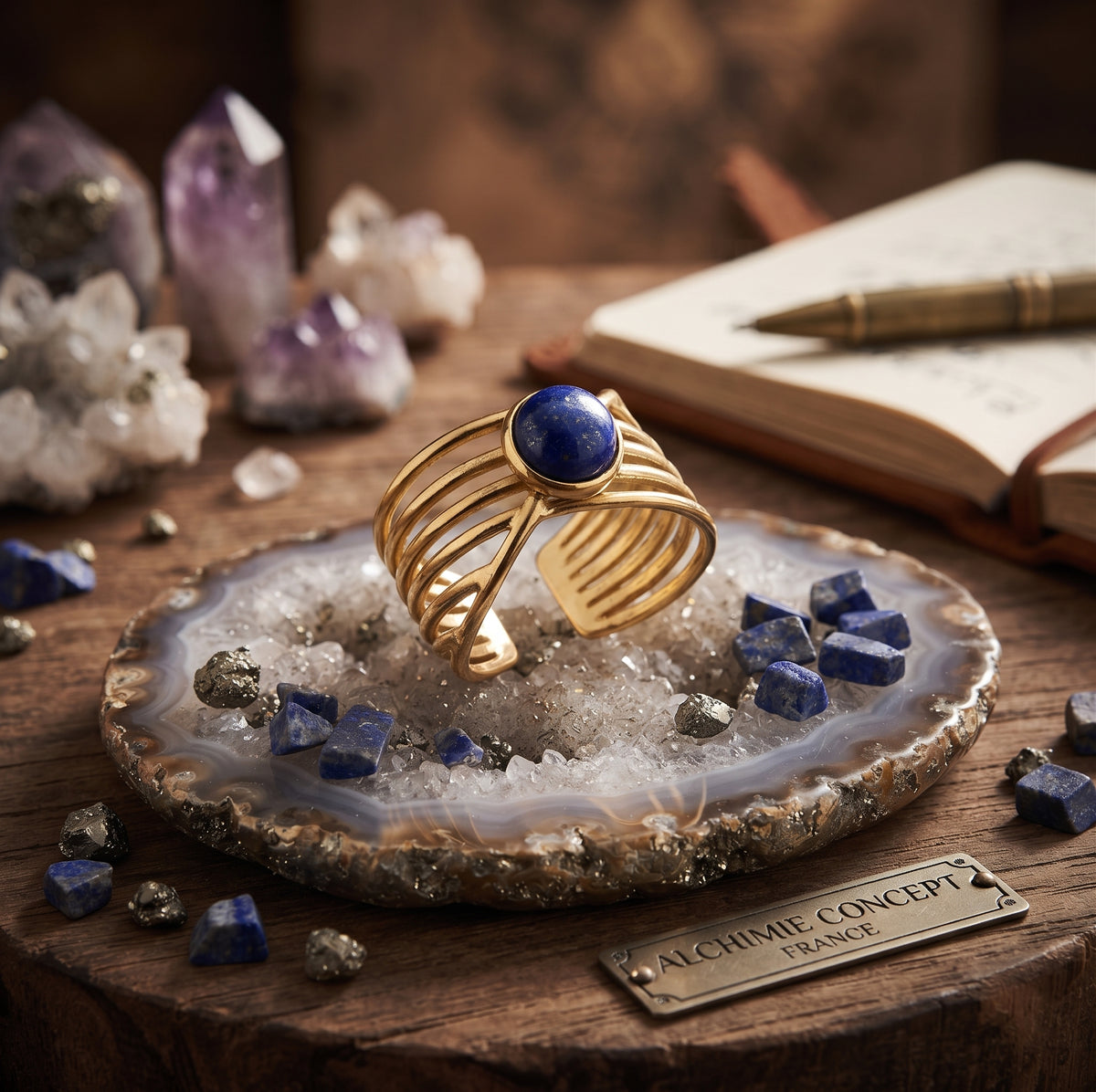 Bague Pince Dorée Lapis Lazuli – Acier Inoxydable Ajustable | Pierre Naturelle