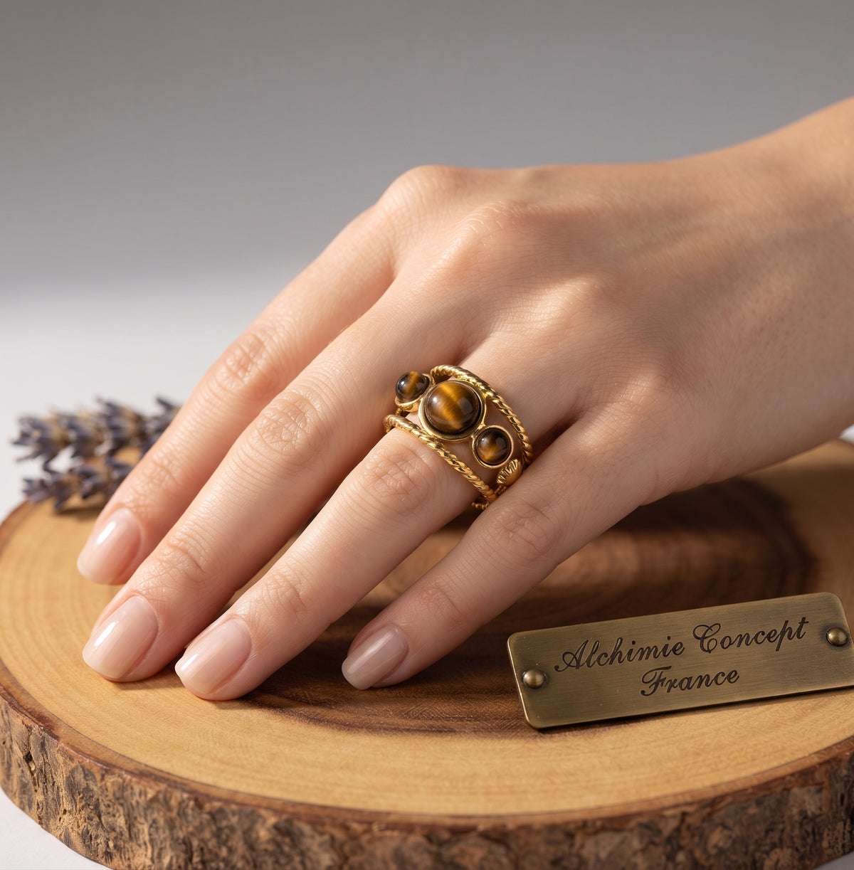Bague Triple Œil de Tigre – Acier Inoxydable Ajustable | Pierre Naturelle