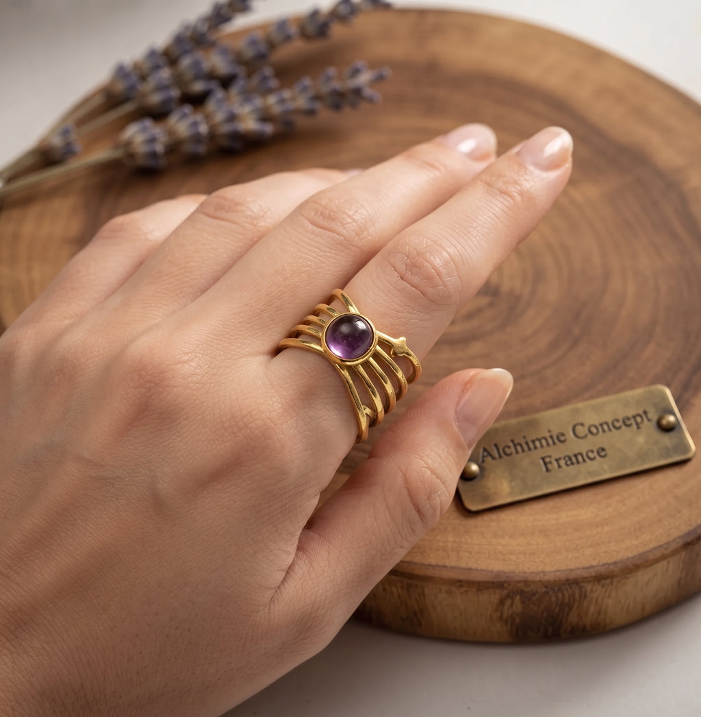 Bague Pince Dorée Améthyste – Acier Inoxydable Ajustable | Pierre Naturelle