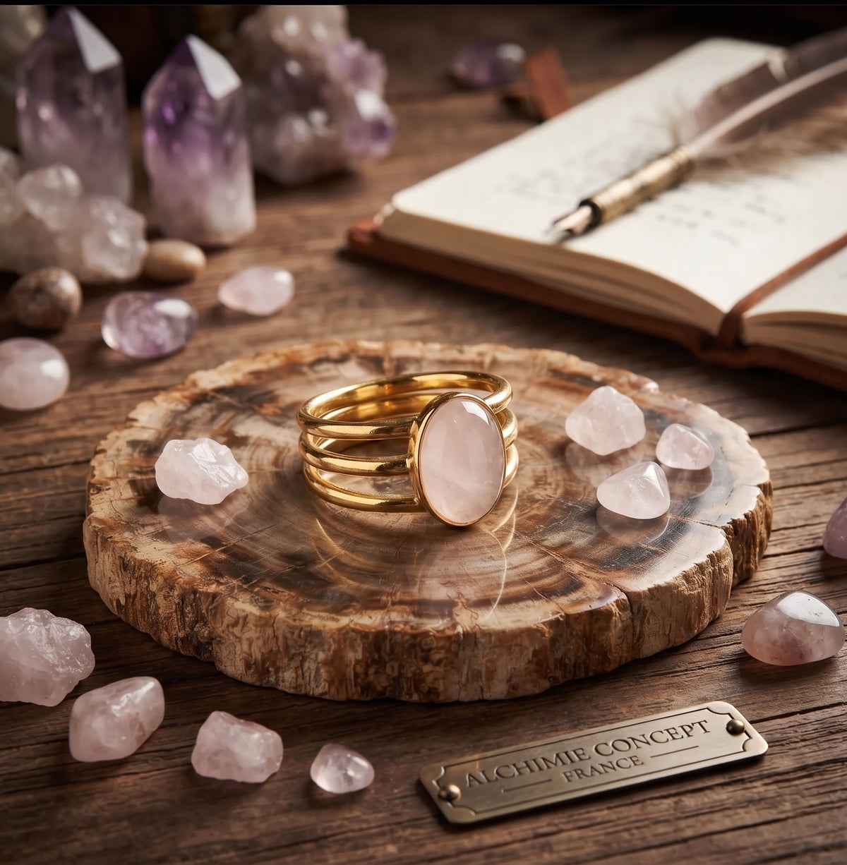 Bague Trident Quartz Rose – Acier Inoxydable Ajustable | Pierre Naturelle