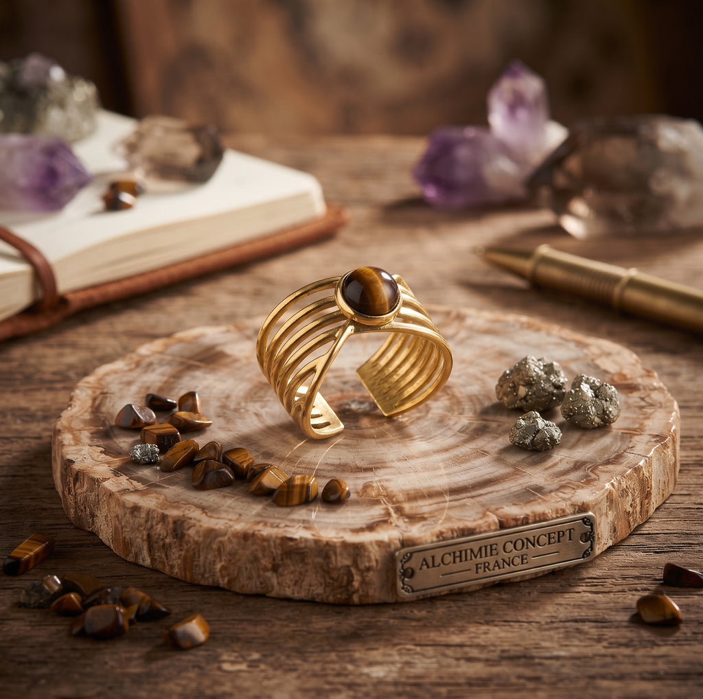 Bague Pince Dorée Œil de Tigre – Acier Inoxydable Ajustable | Pierre Naturelle