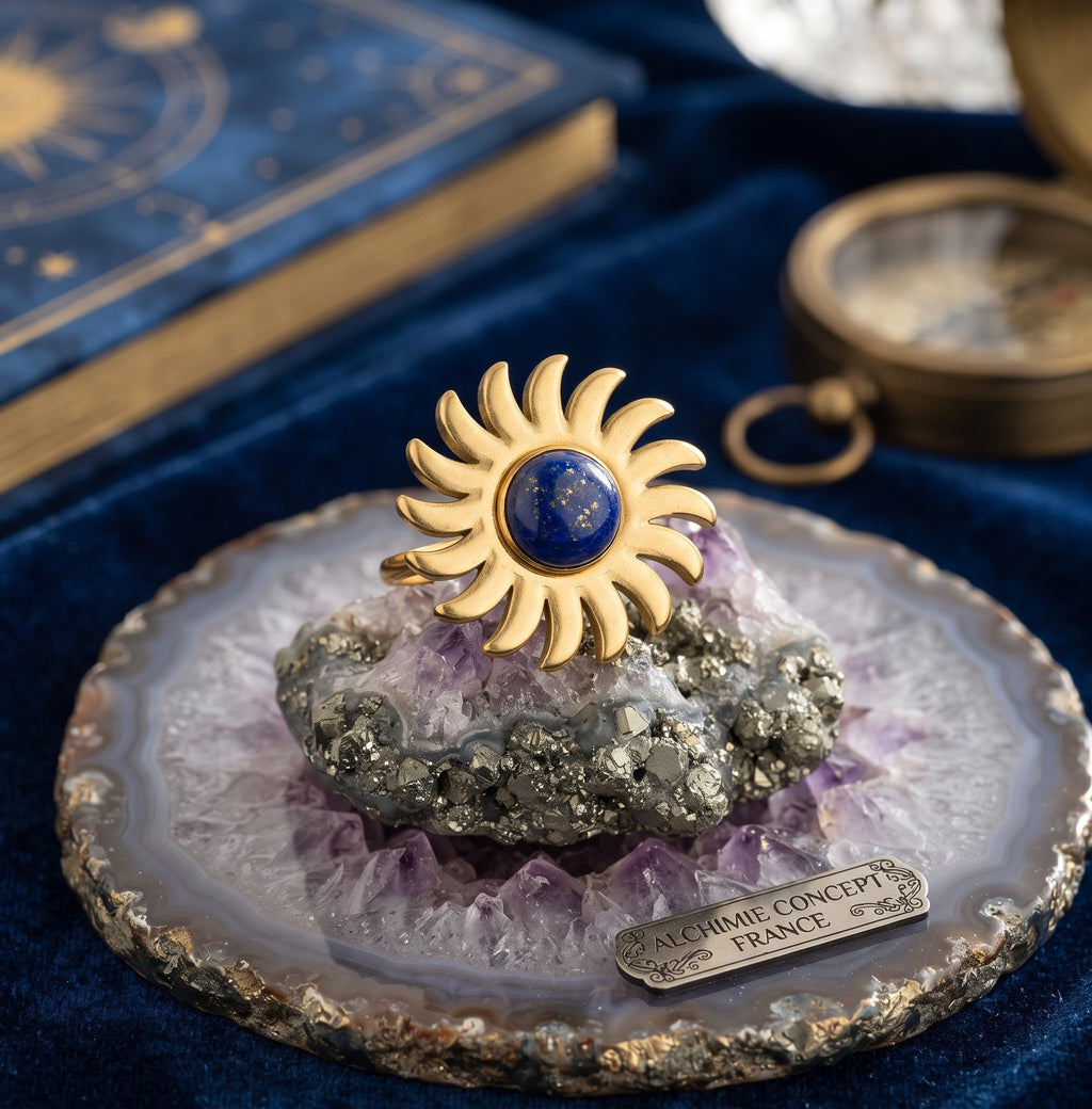 Bague Soleil Lapis Lazuli – Acier Inoxydable Ajustable | Pierre Naturelle