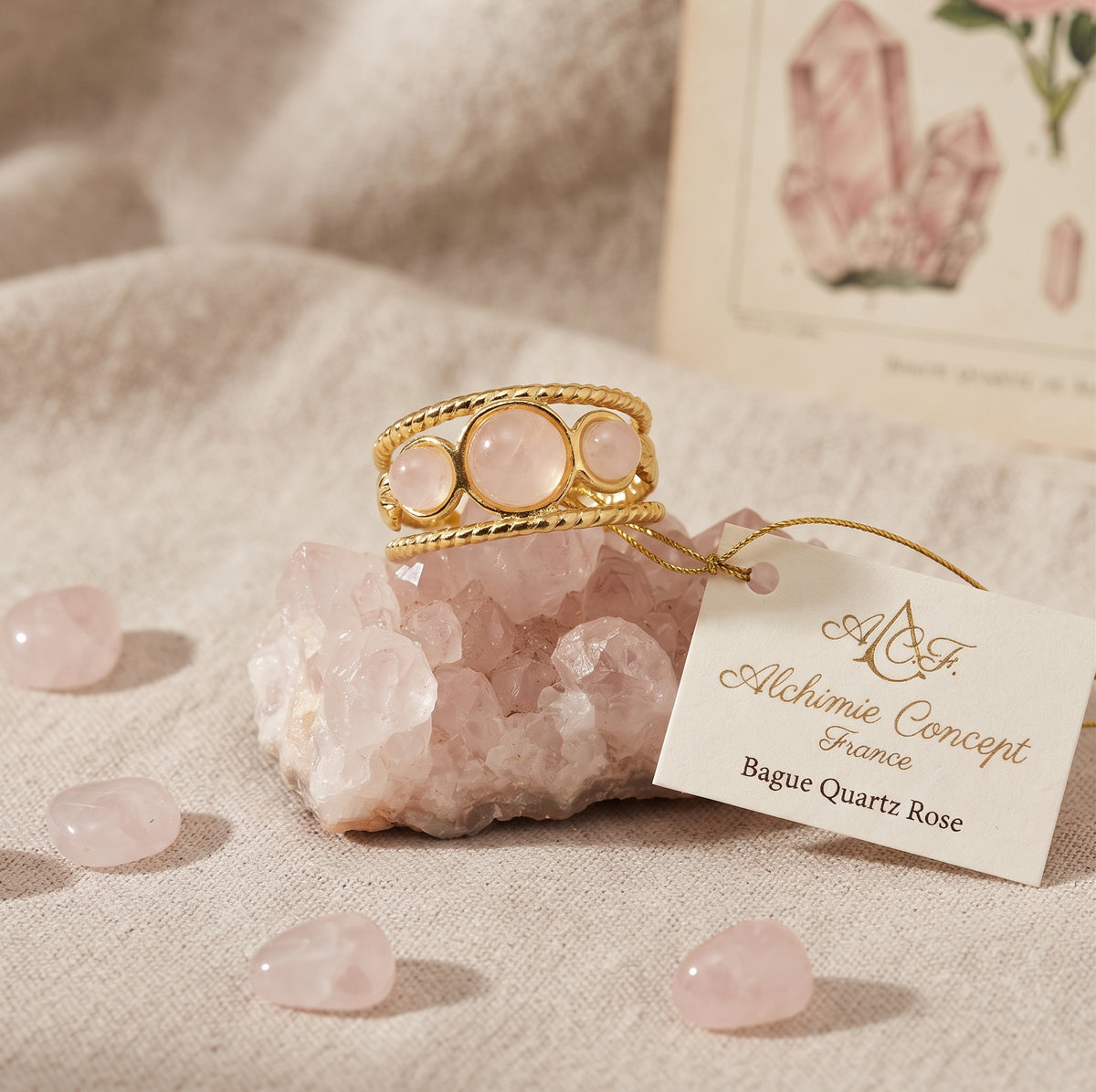 Bague Triple Quartz Rose – Acier Inoxydable Ajustable | Pierre Naturelle