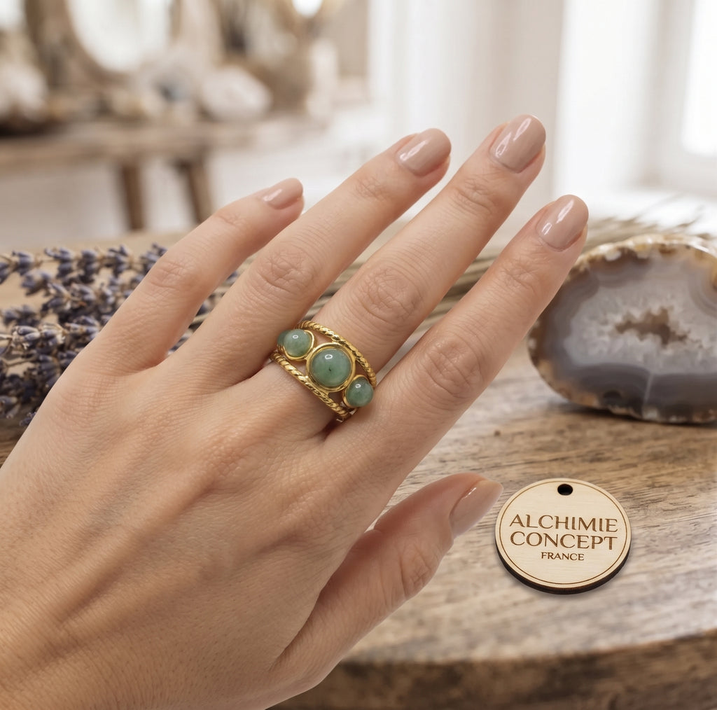 Bague Triple Aventurine Verte – Acier Inoxydable Ajustable | Pierre Naturelle