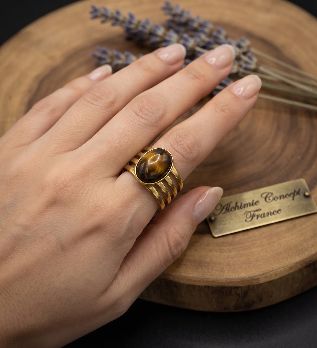 Bague Trident Œil de Tigre – Acier Inoxydable Ajustable | Pierre Naturelle