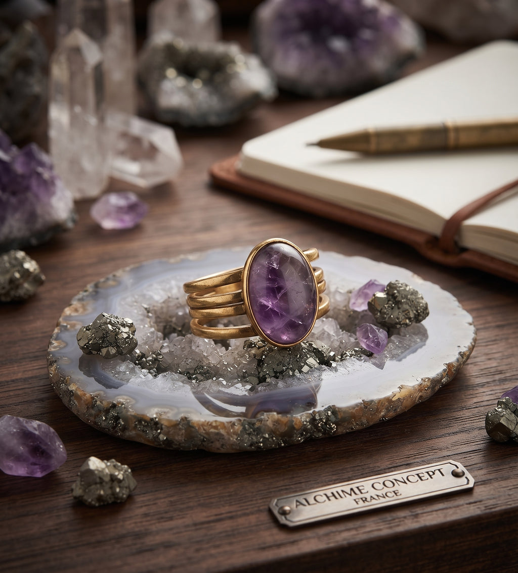 Bague Trident Améthyste – Acier Inoxydable Ajustable | Pierre Naturelle