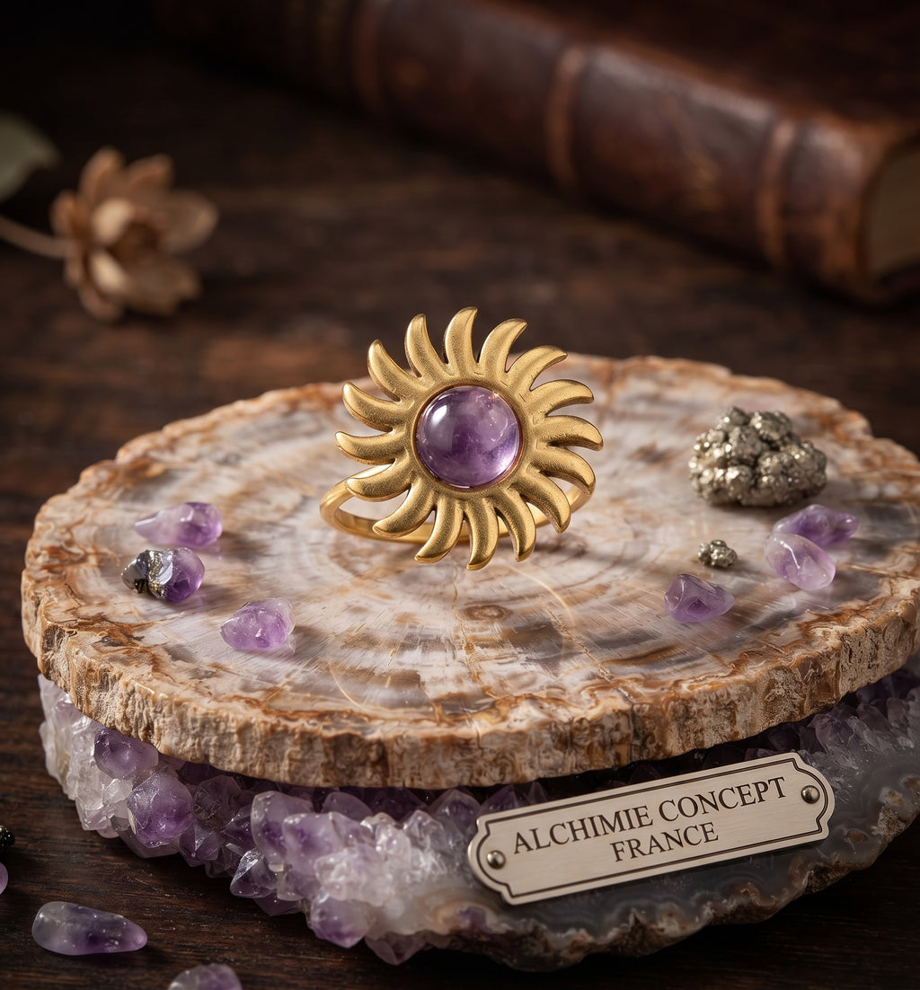 Bague Soleil Améthyste – Acier Inoxydable Ajustable | Pierre Naturelle