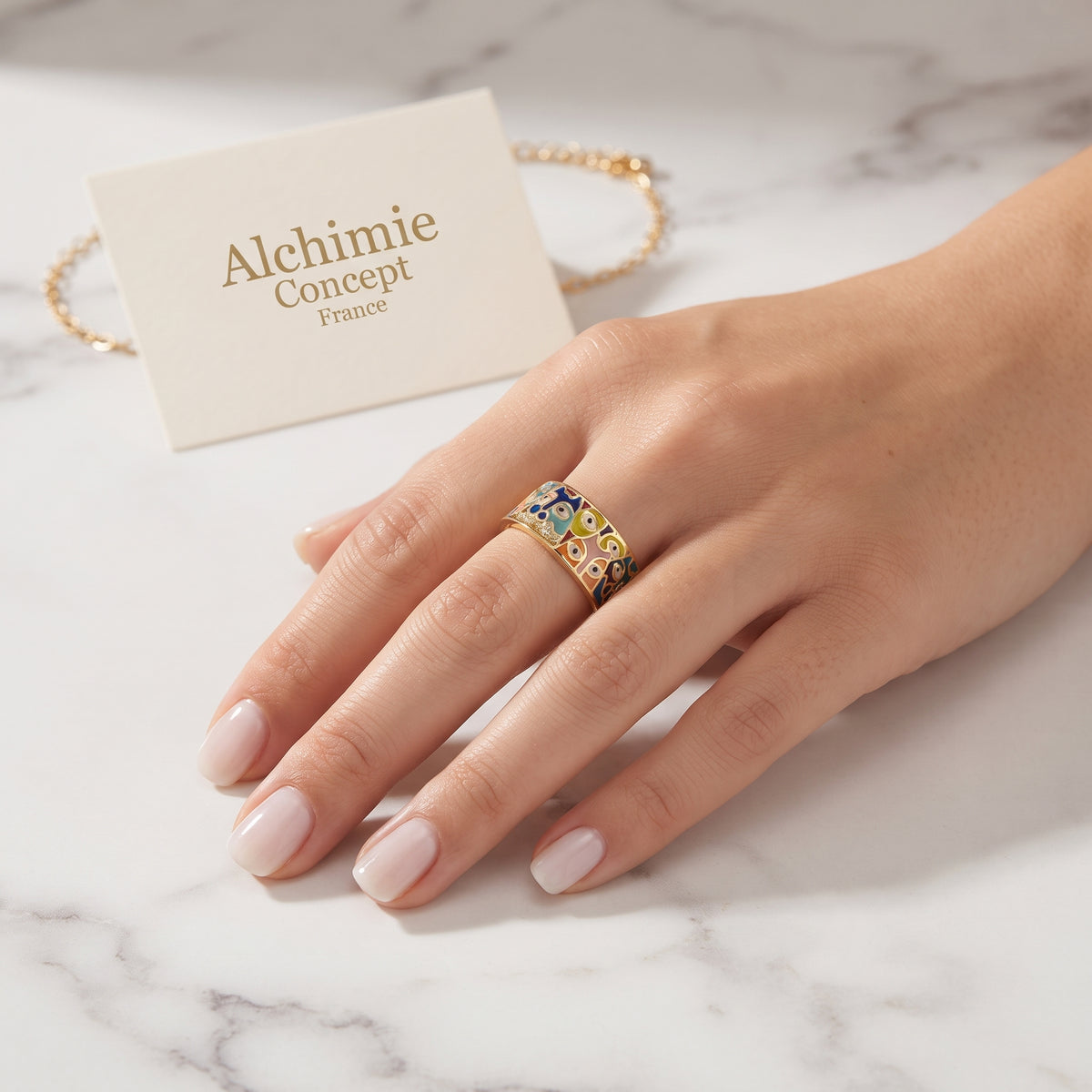 ✨ Bague Dorée Œil Multicolore Réglable – Plaquage Or 1 Micron Haute Qualité | Talisman Coloré & Protection Femme