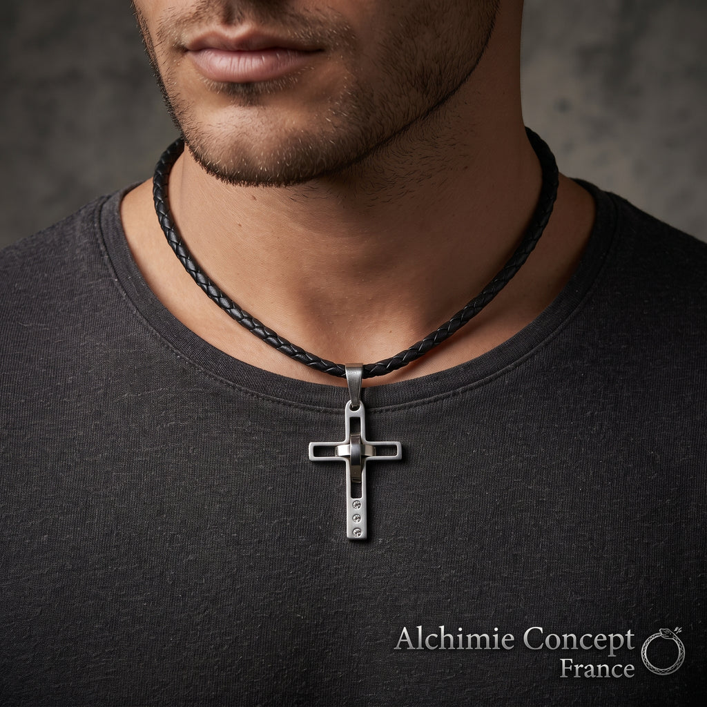 Pendentif Croix Argentée Zirconium – Acier 316 Gothique Rock Biker