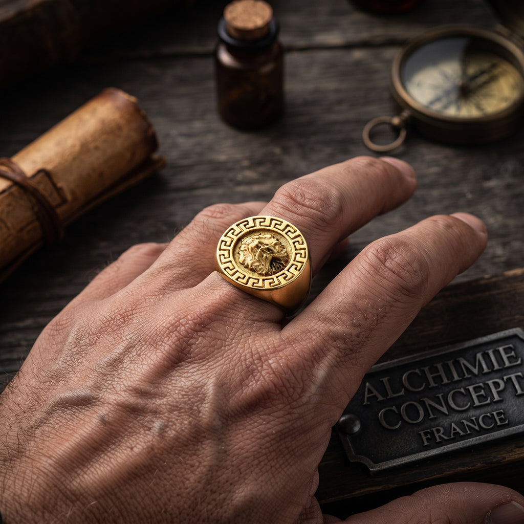 Bague Homme Tête de Lion Clé Grecque – Acier 316 Doré