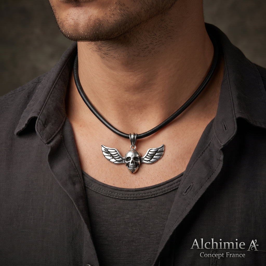 Pendentif Tête de Mort & Ailes Ciselées XXL en Acier 316L Argenté | Gothique & Biker