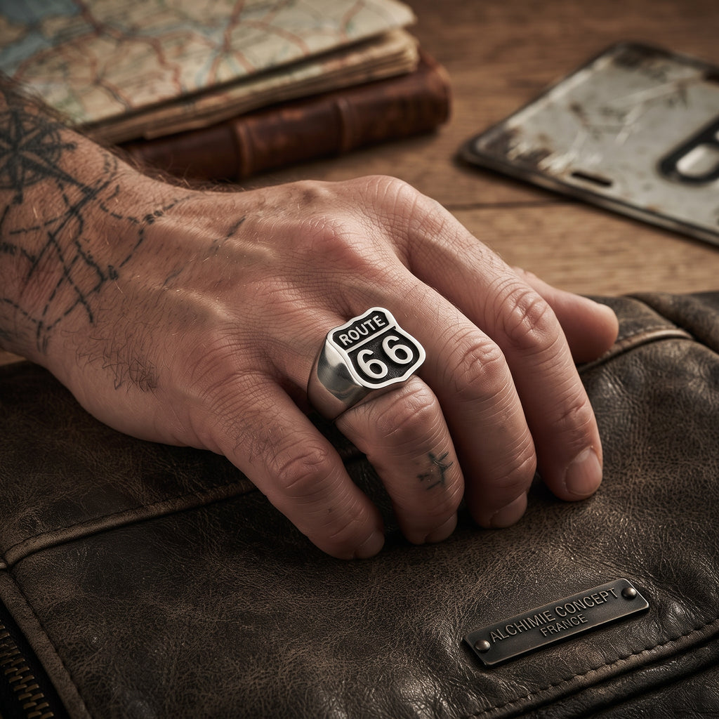 Chevalière Homme Cisélée Route 66 – Acier 316 Argenté & Noir