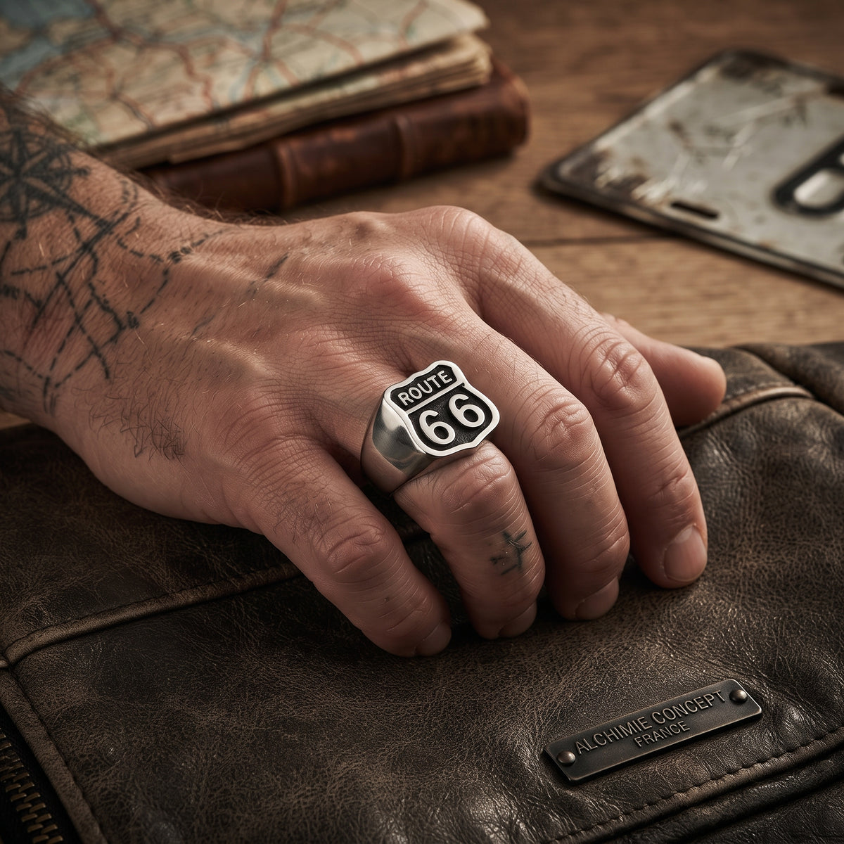 Chevalière Homme Cisélée Route 66 – Acier 316 Argenté & Noir