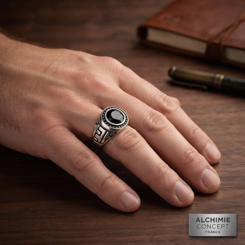 * Bague Chevalière Acier 316 Argenté – Diamant CZ Noir | 2 cm