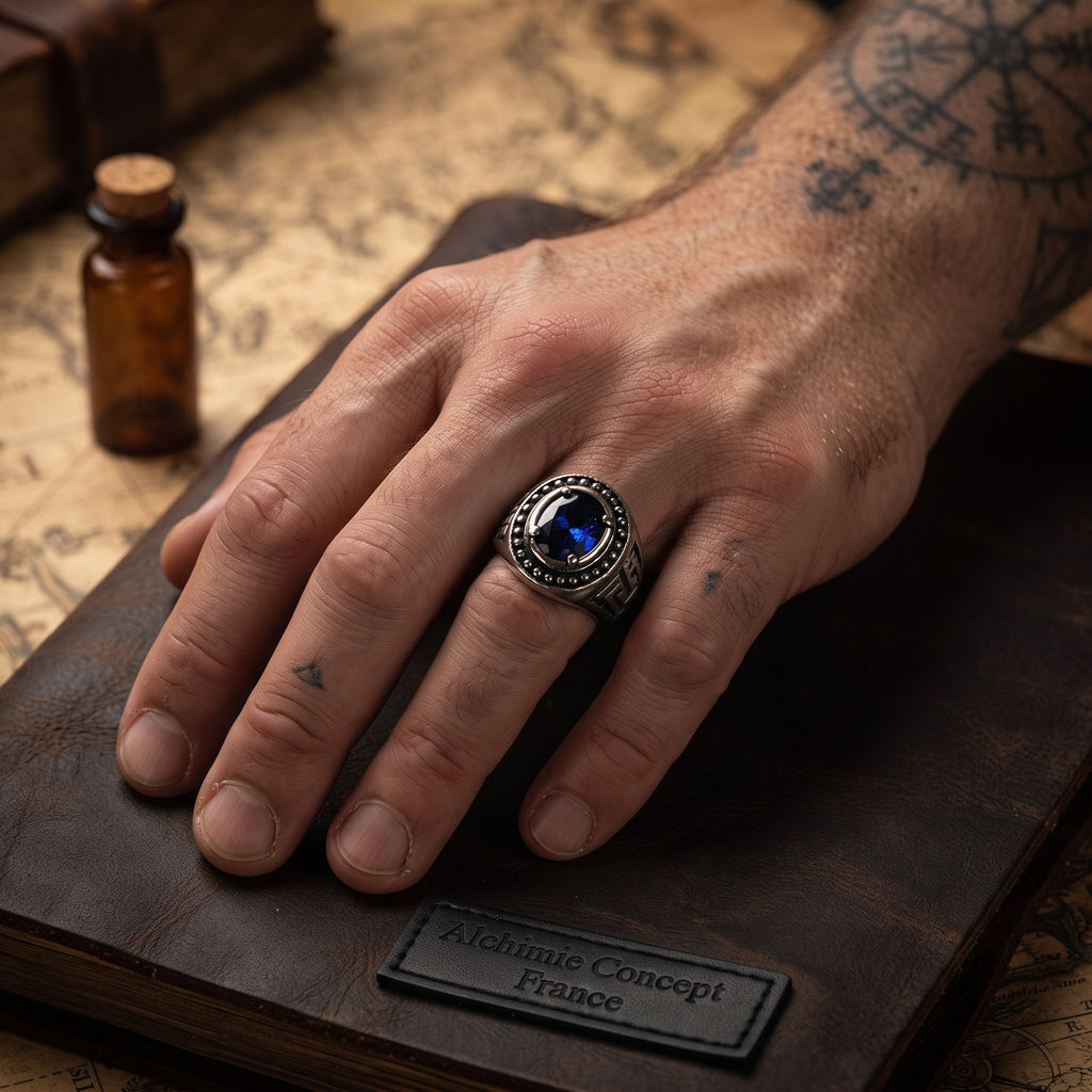 Chevalière Homme Cisélée Pierre Bleue – Acier 316 Argenté