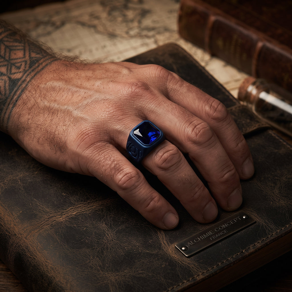Chevalière Homme Ajourée Strass Bleu – Acier 316 Bleu/Noir