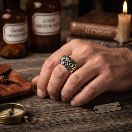 * Bague Acier Inoxydable 316 Tête de Hibou Yeux Jaunes | 10 mm
